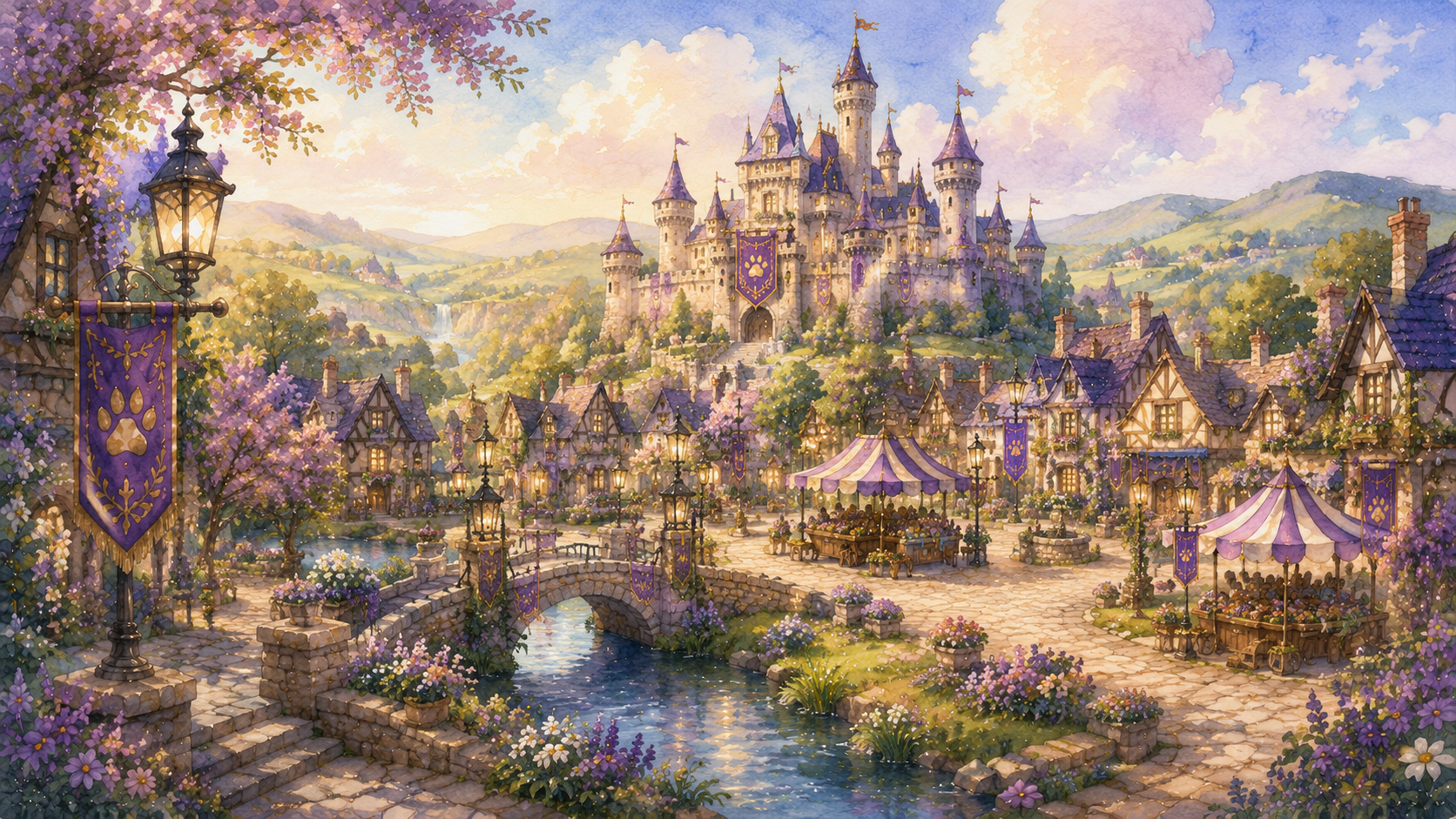 Barkingdom castle, gardens, cottages, and market square