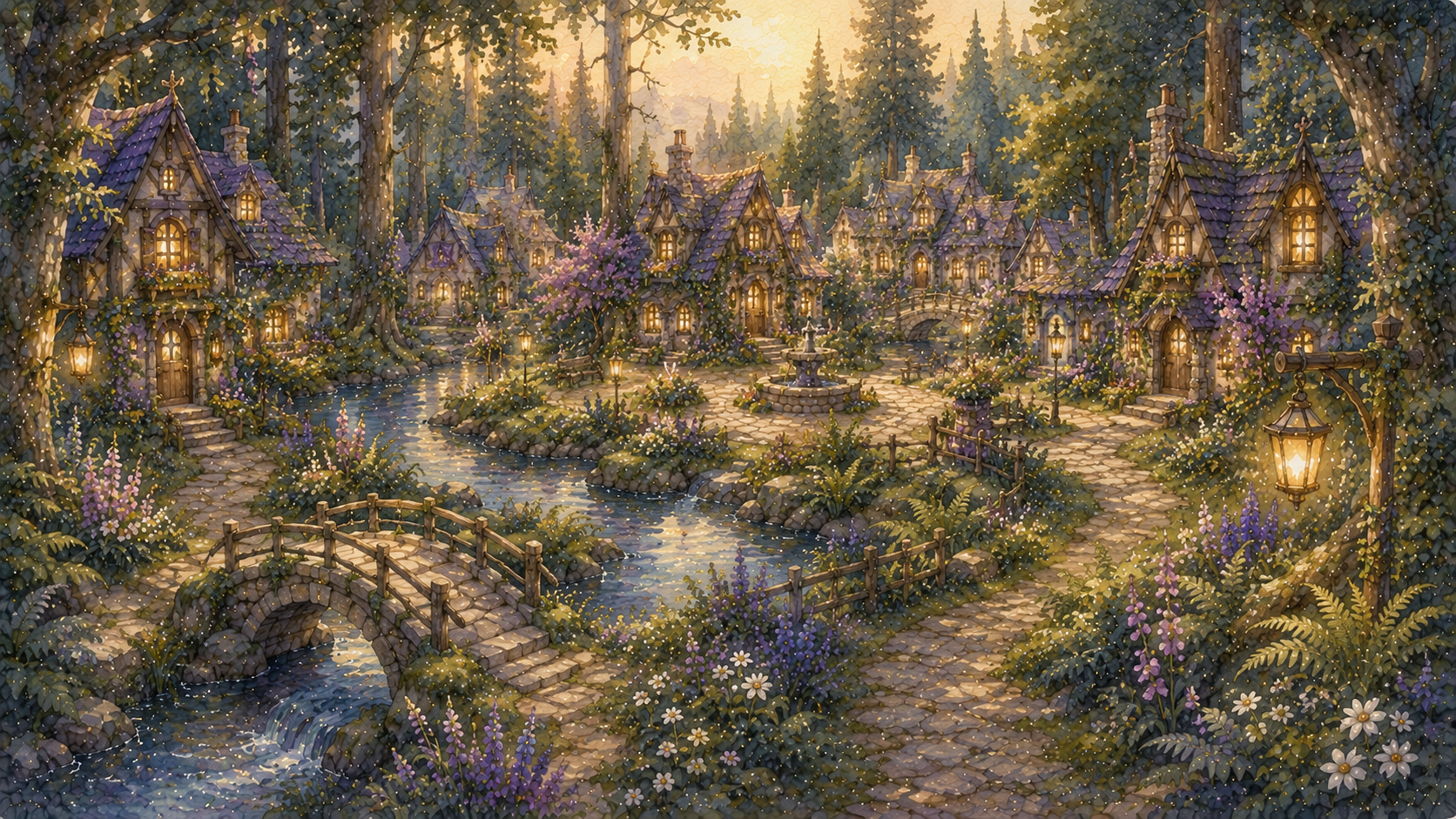 Silver Fern Hollow woodland village with cottages and bridges